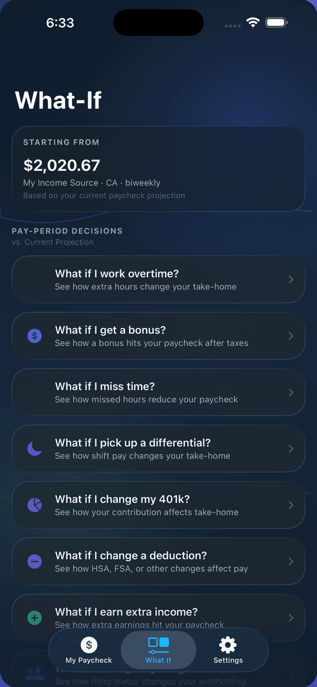 What-If screen comparing configured paycheck estimates for overtime, a bonus, and time off.