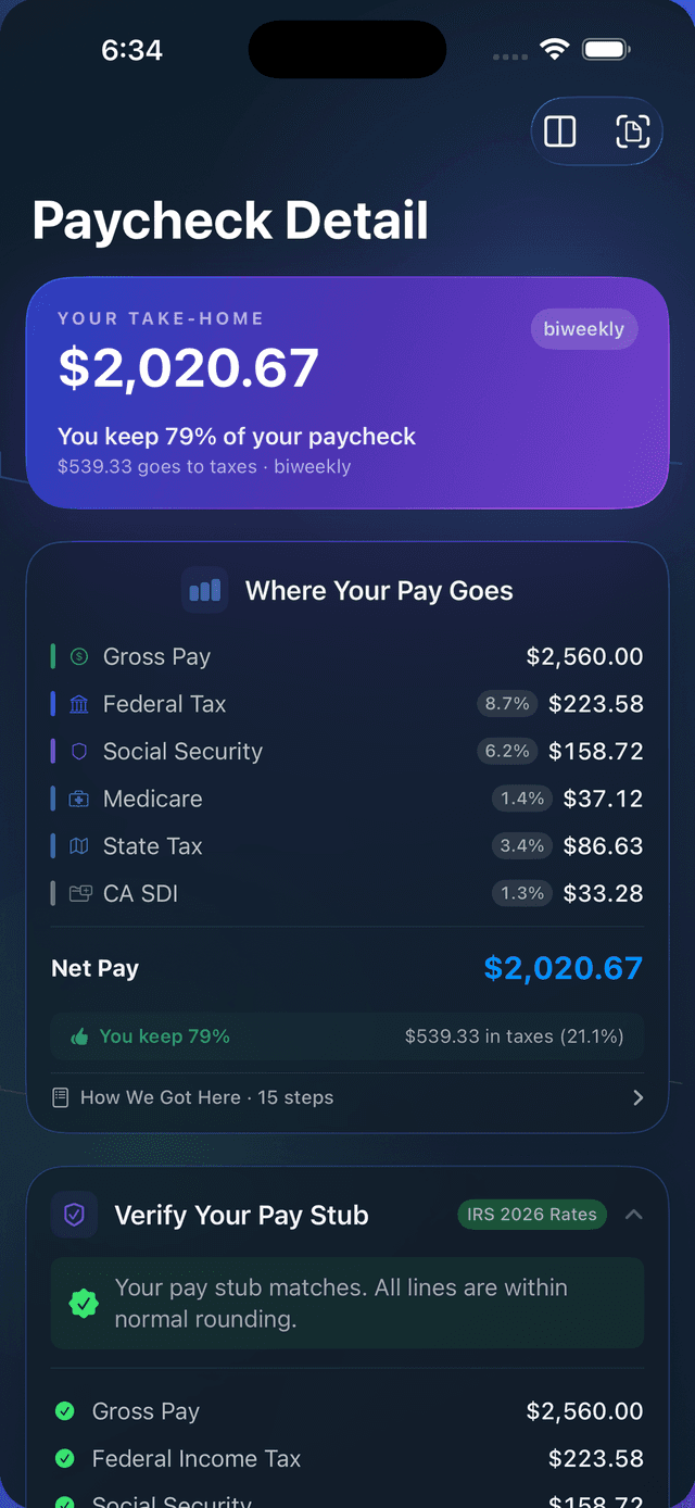 Paycheck Detail screen comparing captured pay-stub lines with the configured estimate.
