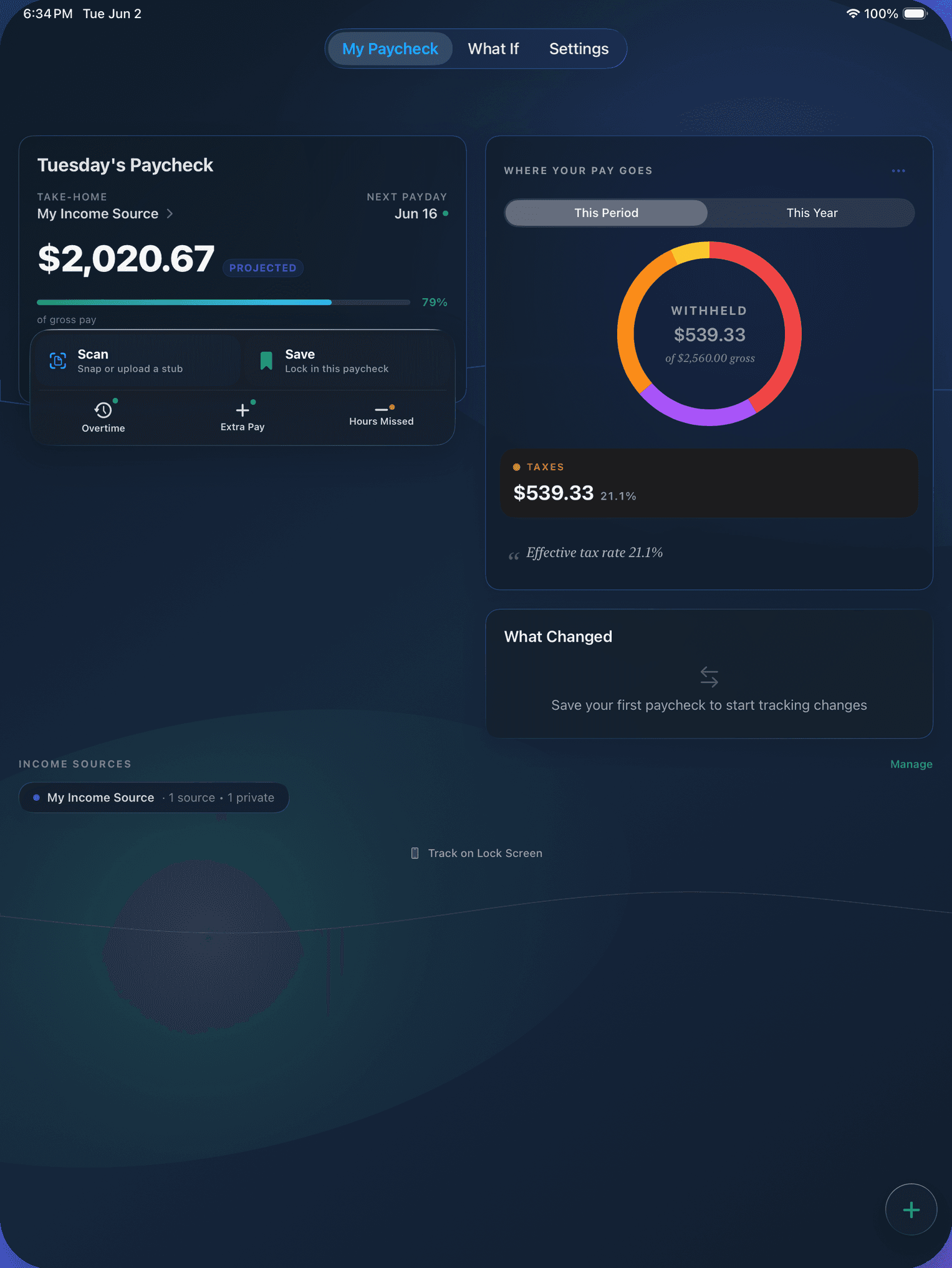 TakeHome IQ on iPad showing the paycheck dashboard alongside a withholding breakdown.