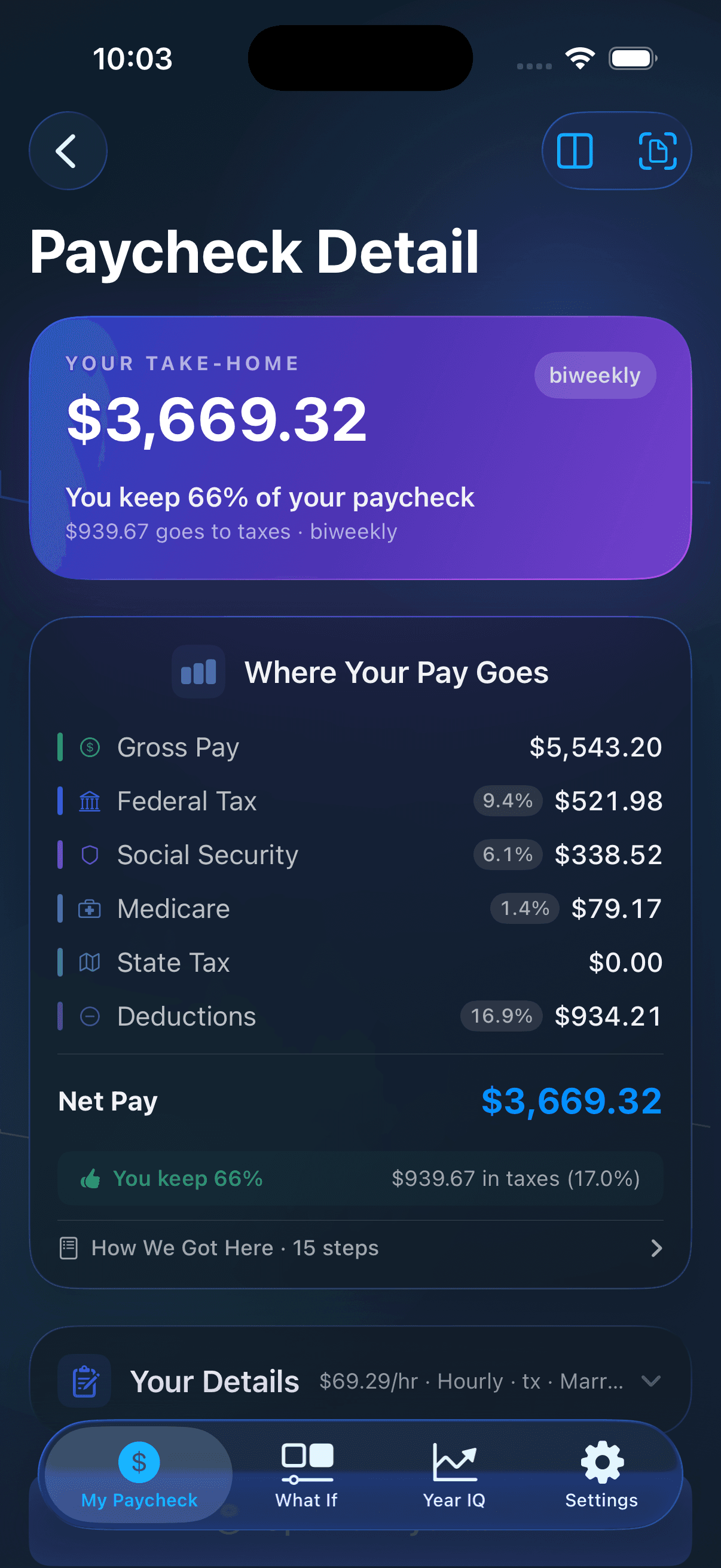 TakeHome IQ Paycheck Detail in dark mode showing the full breakdown — gross, federal, FICA, state, and net pay