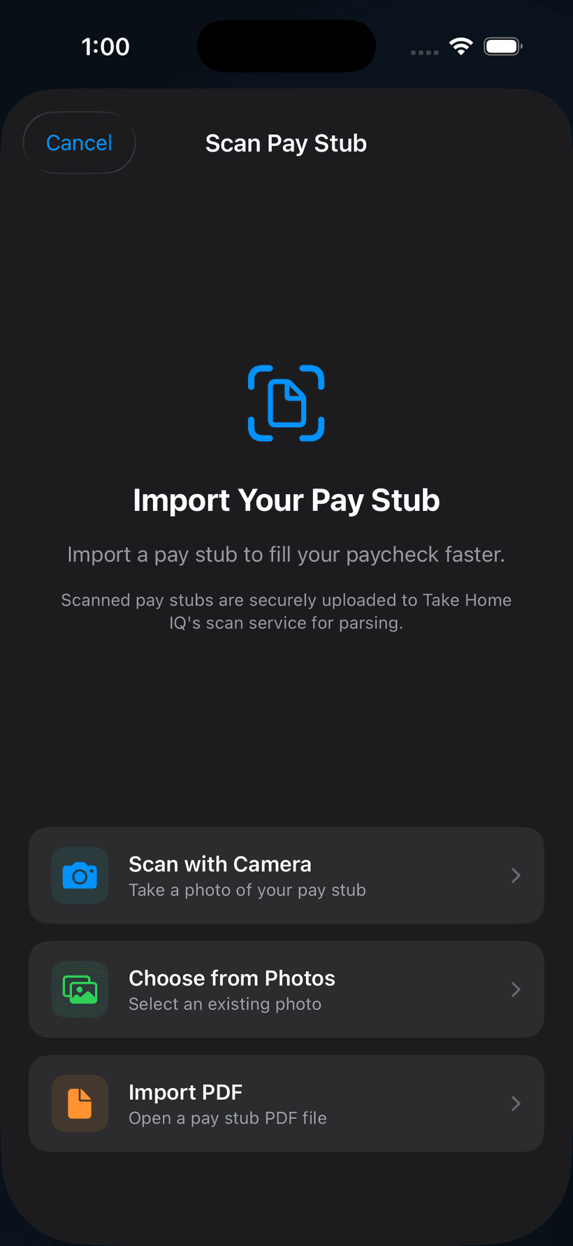 TakeHome IQ Scan Pay Stub screen in dark mode — scan with camera, choose from photos, or import a PDF to read your pay stub